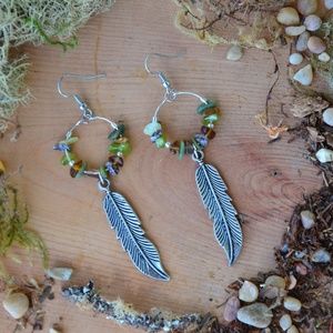 Handmade Hoop Earrings - Earthy Feather Drop